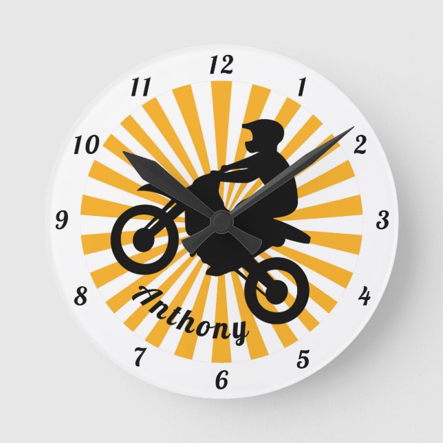 Motorcross Extreme Sport Orange Sunburst Dated   Runde Wanduhr (Vorderseite)