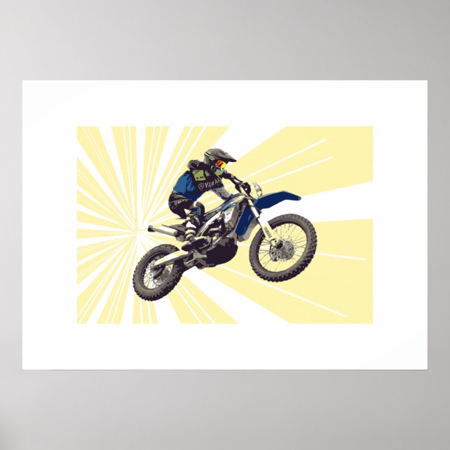 Motorcross-Fahrer auf einem blassgelben Hintergrun Poster (Vorne)