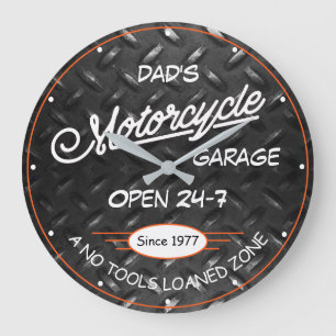 Motorcycle Garage Name Date Diamond Plate Image Große Wanduhr
