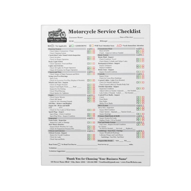 Motorcycle Service Checklist 8.5x11 Notizblock (Rotiert)