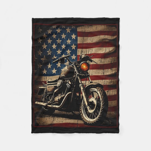 Motorcycle Usa Flag Retro Biker  Fleecedecke (Vorderseite)