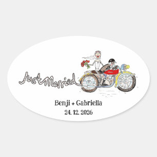 Motorrad Braut und Bräutigam Hochzeit Ovaler Aufkleber
