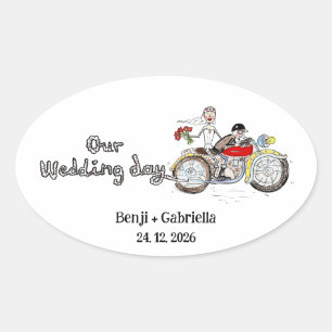Motorrad Braut und Bräutigam Hochzeit Ovaler Aufkleber