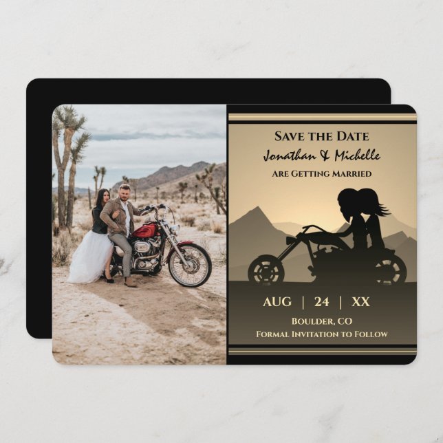 Motorrad-Couple-Mountain-Foto Hochzeit Save The Date (Vorne/Hinten)