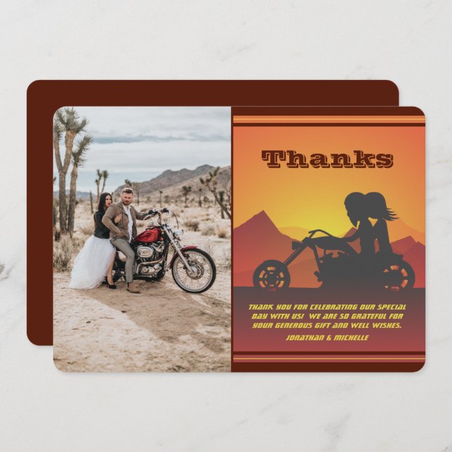Motorrad Couple Mountain Sunset Foto Hochzeit Dankeskarte (Vorne/Hinten)