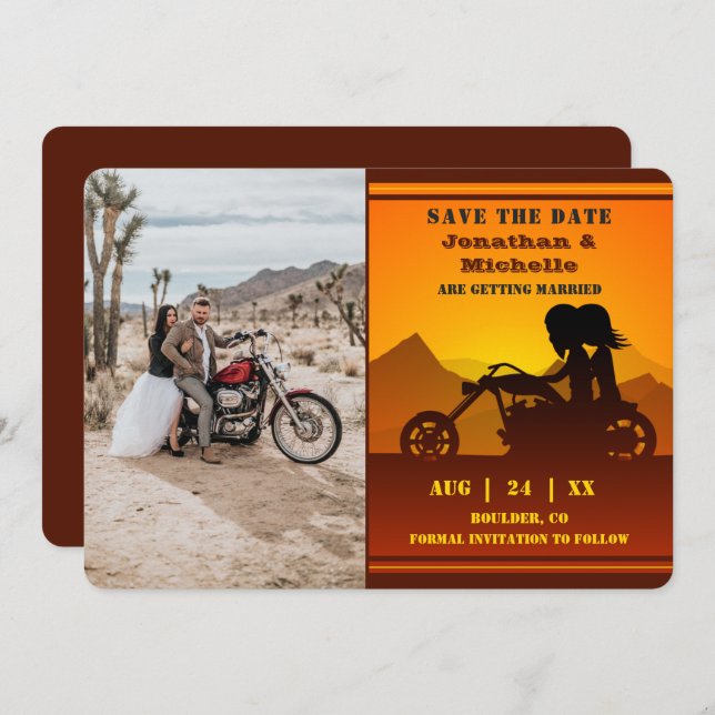 Motorrad Couple Mountain Sunset Foto Hochzeit Save The Date (Vorne/Hinten)