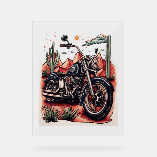 Motorrad im Wüstenkaktus-Western-Set Acrylschild (Vorderseite)