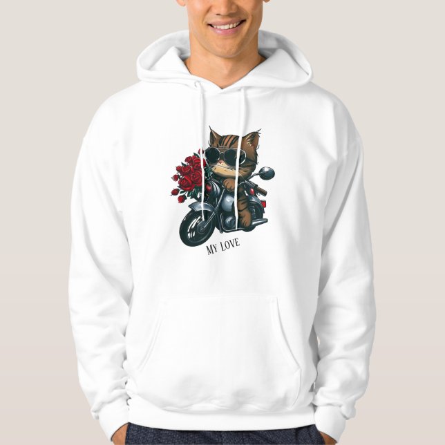 Motorrad-Katzenfahrten rote Rosen Blume meine Lieb Hoodie (Vorderseite)