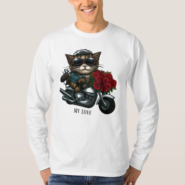 Motorrad-Katzenfahrten rote Rosen Blume meine Lieb T-Shirt (Vorderseite)