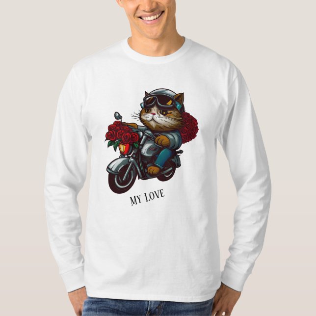 Motorrad-Katzenfahrten rote Rosen Blume meine Lieb T-Shirt (Vorderseite)