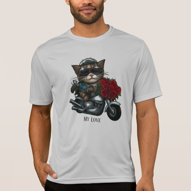 Motorrad-Katzenfahrten rote Rosen Blume meine Lieb T-Shirt (Vorderseite)