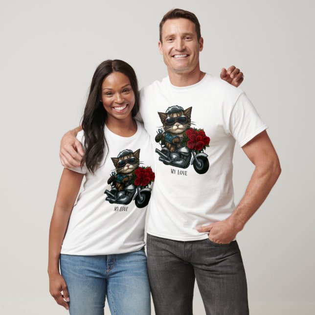 Motorrad-Katzenfahrten rote Rosen Blume meine Lieb T-Shirt (Unisex)