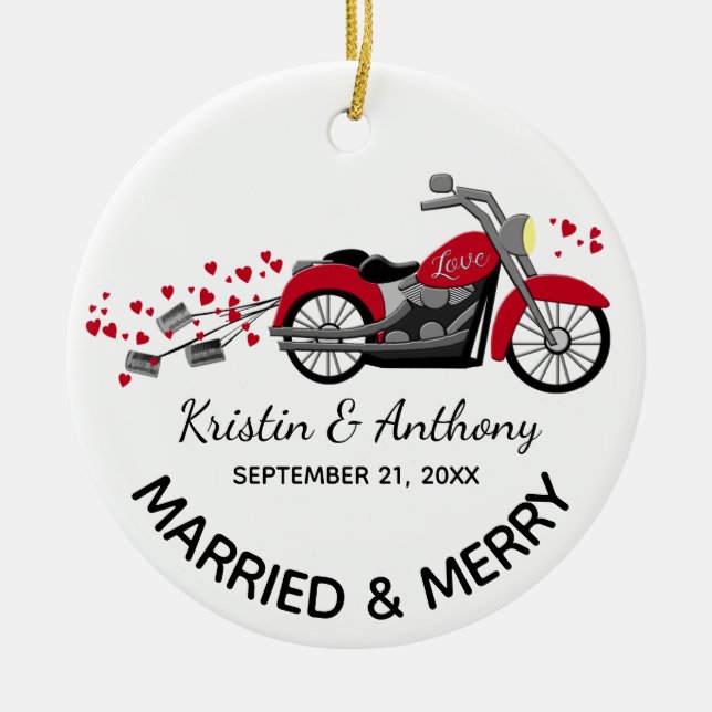 Motorrad-Neuvermählte Hochzeit mit Foto Keramik Ornament (Vorne)