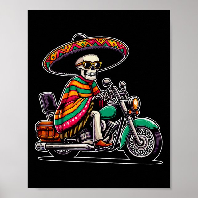 Motorrad Skeleton Biker Mexican Sombrero Cinco D Poster (Vorne)
