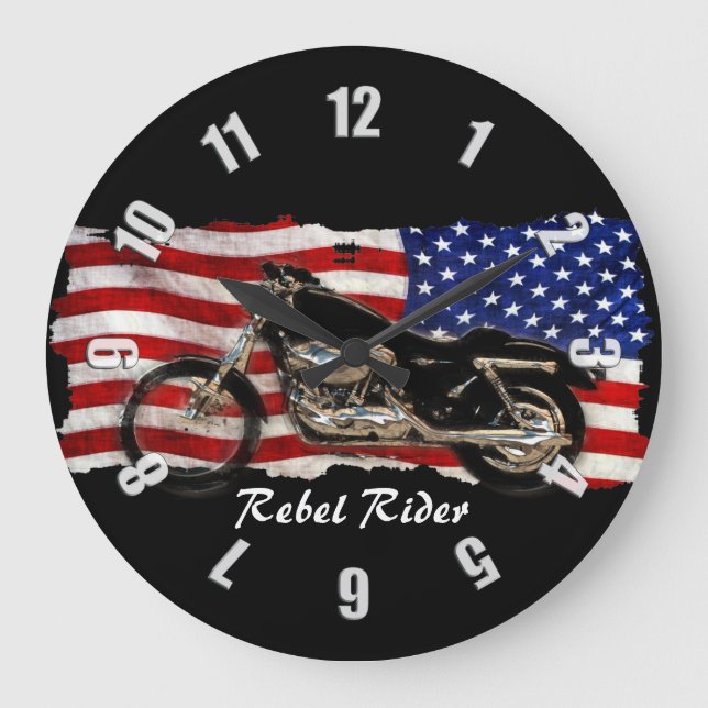 Motorrad u. US-Flaggen-Entwurf Große Wanduhr (Vorderseite)