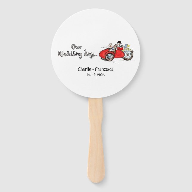 Motorrad und Beiwagen Hochzeit Fächer (Vorderseite)
