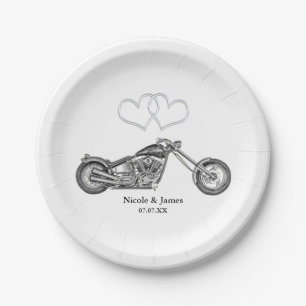 Motorrad- und Silberherz-Hochzeit Pappteller