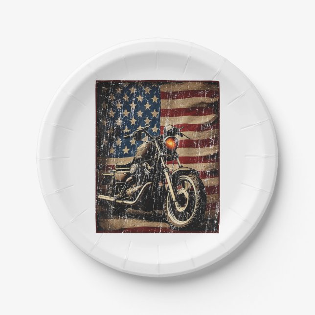 Motorrad USA Flag Retro Biker Pappteller (Vorderseite)