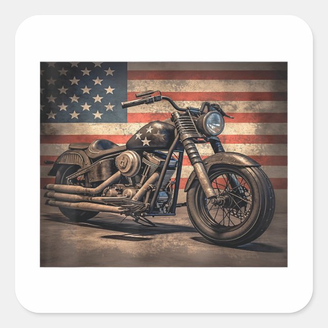 Motorrad USA Flag Retro Biker Quadratischer Aufkleber (Vorderseite)
