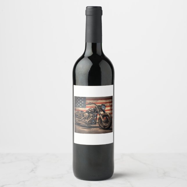 Motorrad USA Flag Retro Biker Weinetikett (Vorderseite)