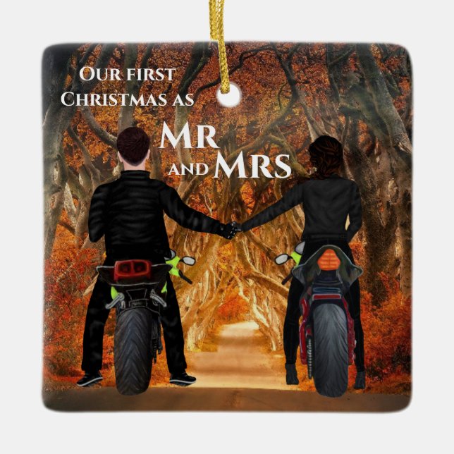 Motorräder Autumn Forest Coups Erste Weihnachten Keramikornament (Vorderseite)