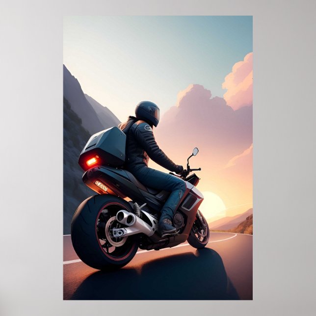 Motorradfahrer fahren durch Landschaftliche Straße Poster (Vorne)