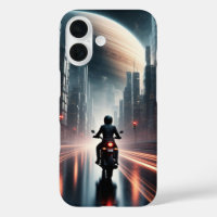 Motorradfahrer in futuristischer Stadt mit Planet