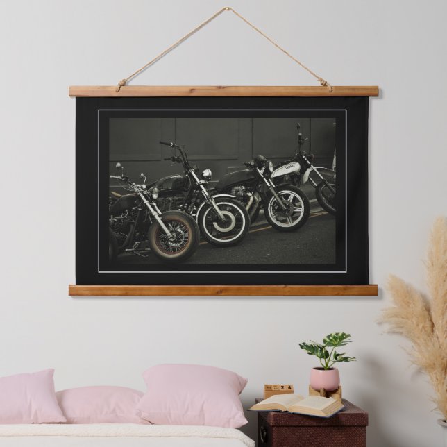 Motorradfahrer Motorrad Wandteppich Mit Holzrahmen (Schlafzimmer)