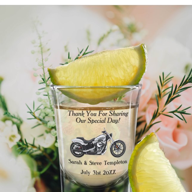 Motorradhochzeit Danke, dass Sie Datumsnamen kenne Schnapsglas (Von Creator hochgeladen)