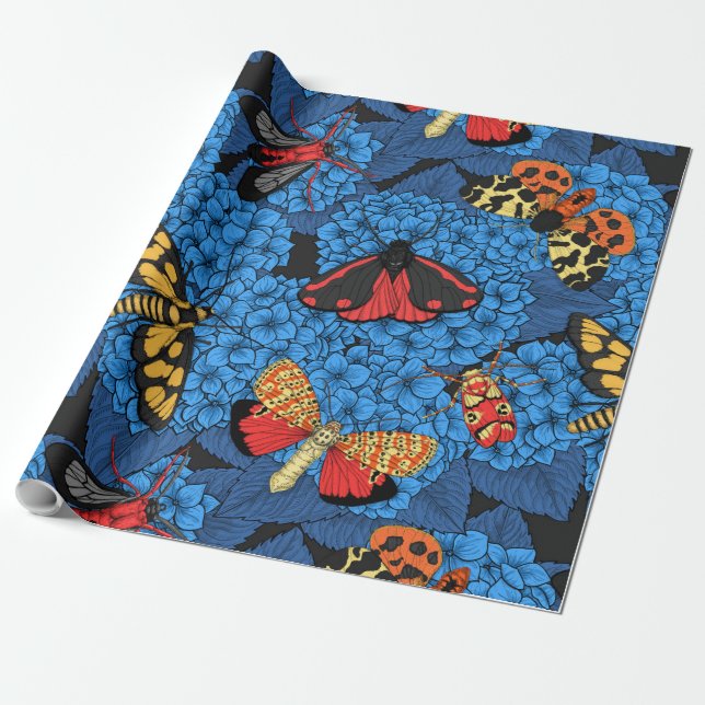 Motten auf blauem Hydrangea Geschenkpapier (Ungerollt)