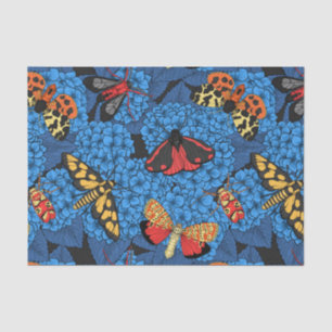 Motten auf blauem Hydrangea Seidenpapier