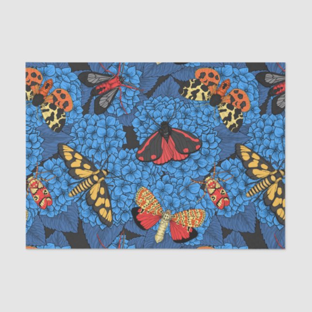 Motten auf blauem Hydrangea Seidenpapier (Vorderseite)
