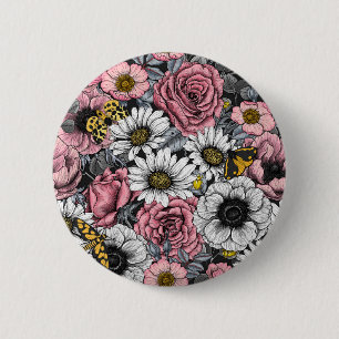 Motten auf der Blume mischen in Rosa und Grau Button