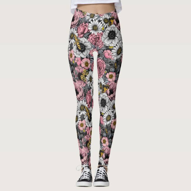Motten auf der Blume mischen in Rosa und Grau Leggings (Vorderseite)