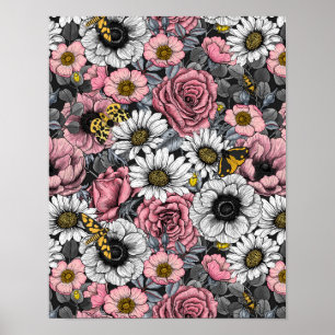 Motten auf der Blume mischen in Rosa und Grau Poster
