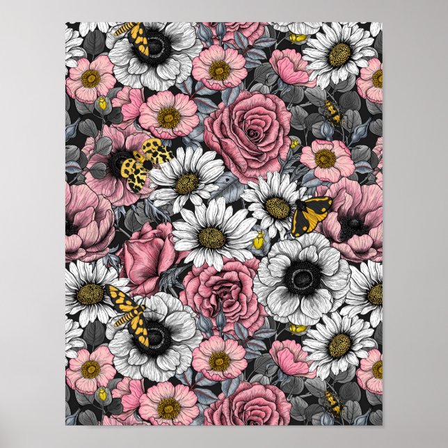 Motten auf der Blume mischen in Rosa und Grau Poster (Vorne)