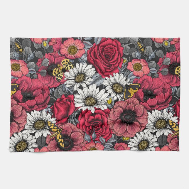 Motten auf der Blume mischen in Rot und Grau Geschirrtuch (Horizontal)