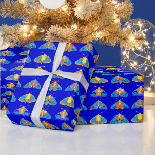 Motten in Dunkelblau, Orange und Türkis Geschenkpapier