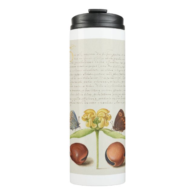 Motten, Jerusalem-Weide und Bohnenkalligraphie Thermosbecher (Vorderseite)