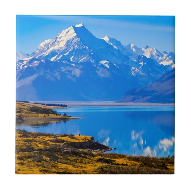 Mount Cook mit Blick auf den Pukaki-See, NZ Fliese (Vorderseite)