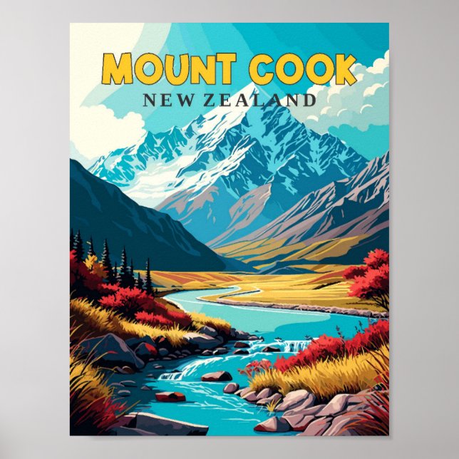 Mount Cook Neuseeland Vintage Illustration Poster (Vorne)
