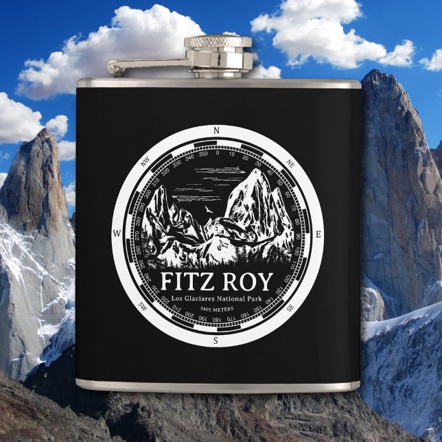 Mount Fitz Roy - Cerro Chaltén Südamerika Flachmann (Mount Fitz Roy Flask in Back with a white compass and mountain illustration)