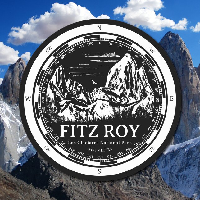 Mount Fitz Roy - Cerro Chaltén Südamerika Runder Pappuntersetzer (Mount Fitz Roy Coaster in Back with a white compass and mountain illustration)