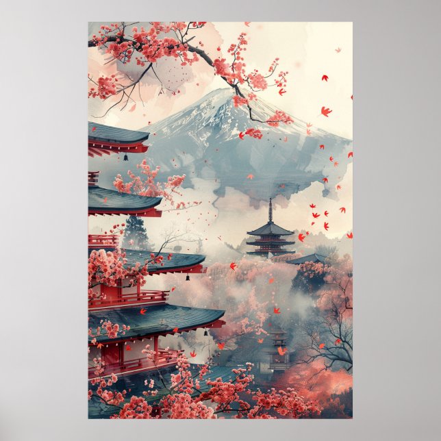 Mount Fuji and Pagoda – Classic Japanese Landscape Poster (Vorne)