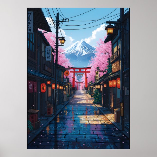 Mount Fuji Cherry Blossom Street Japanese Torii Poster (Vorne)