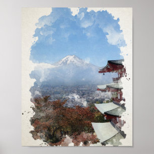 Mount Fuji Japan Wasserfarbe Kunst Poster