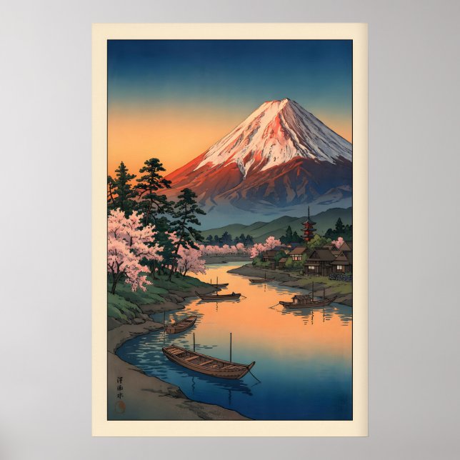 Mount Fuji Sunset Print - Dusky Sky, Mirror-Like Poster (Vorne)