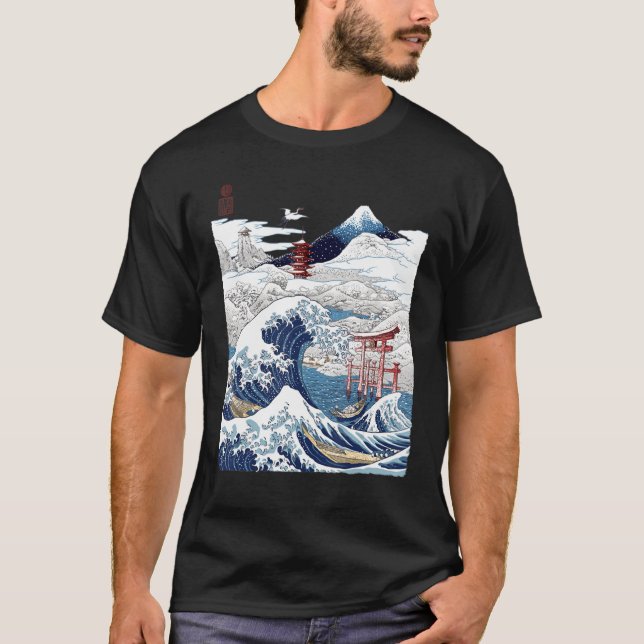 Mount Fuji The Great Wave Japanischer Tsunami Kana T-Shirt (Vorderseite)