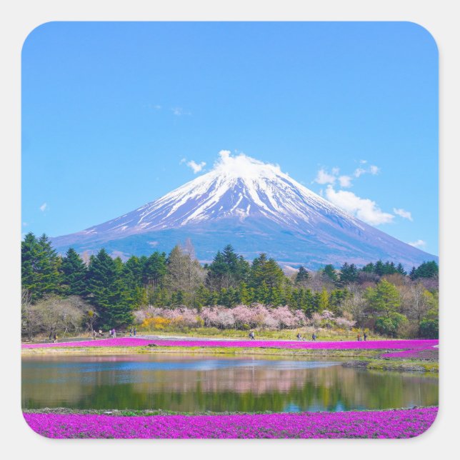 Mount Fuji Trees und Blume Quadratischer Aufkleber (Vorderseite)