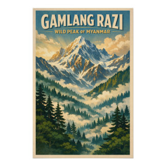 Mount Gamlang Razi, Myanmar retro travel Poster